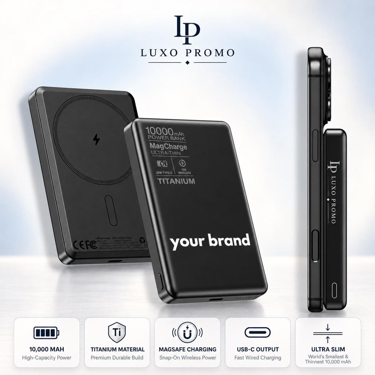 Personalized Titanium MagSafe Power Bank, Custom Logo Charger, Corporate Gift, Bulk Branded 10000mAh Charger