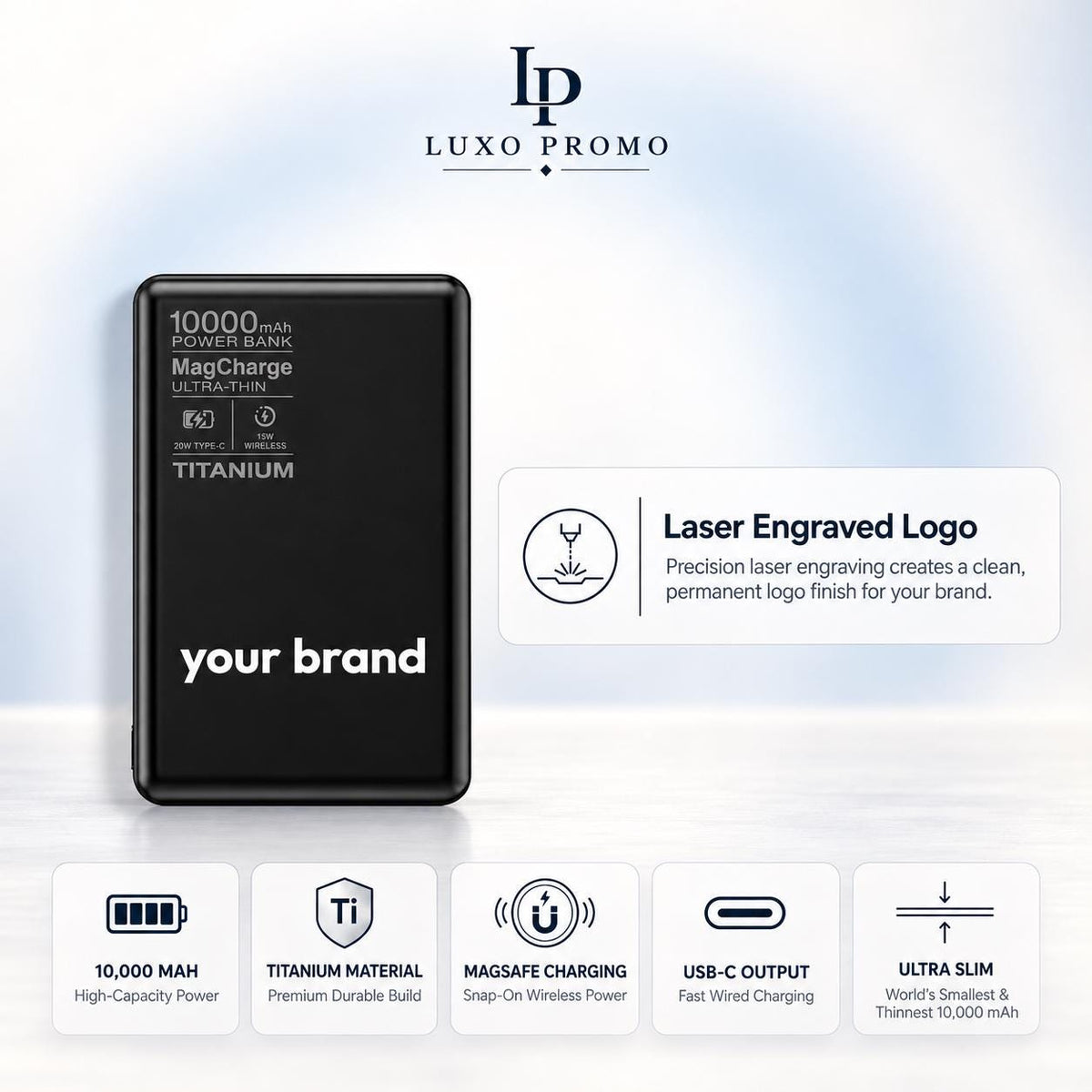 Personalized Titanium MagSafe Power Bank, Custom Logo Charger, Corporate Gift, Bulk Branded 10000mAh Charger