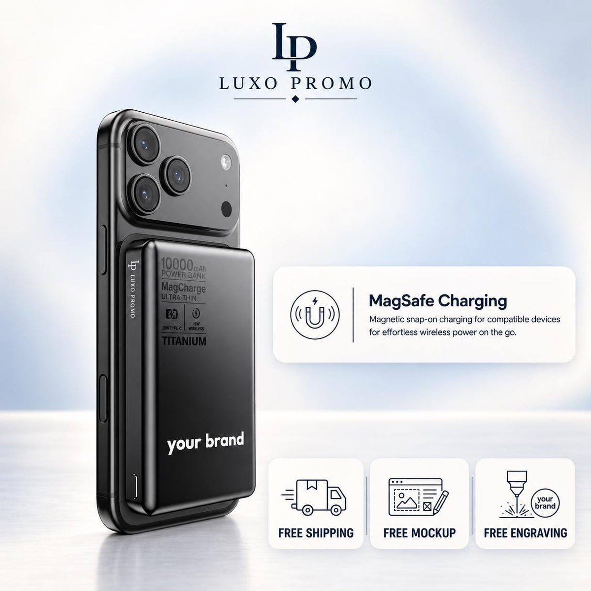 Personalized Titanium MagSafe Power Bank, Custom Logo Charger, Corporate Gift, Bulk Branded 10000mAh Charger