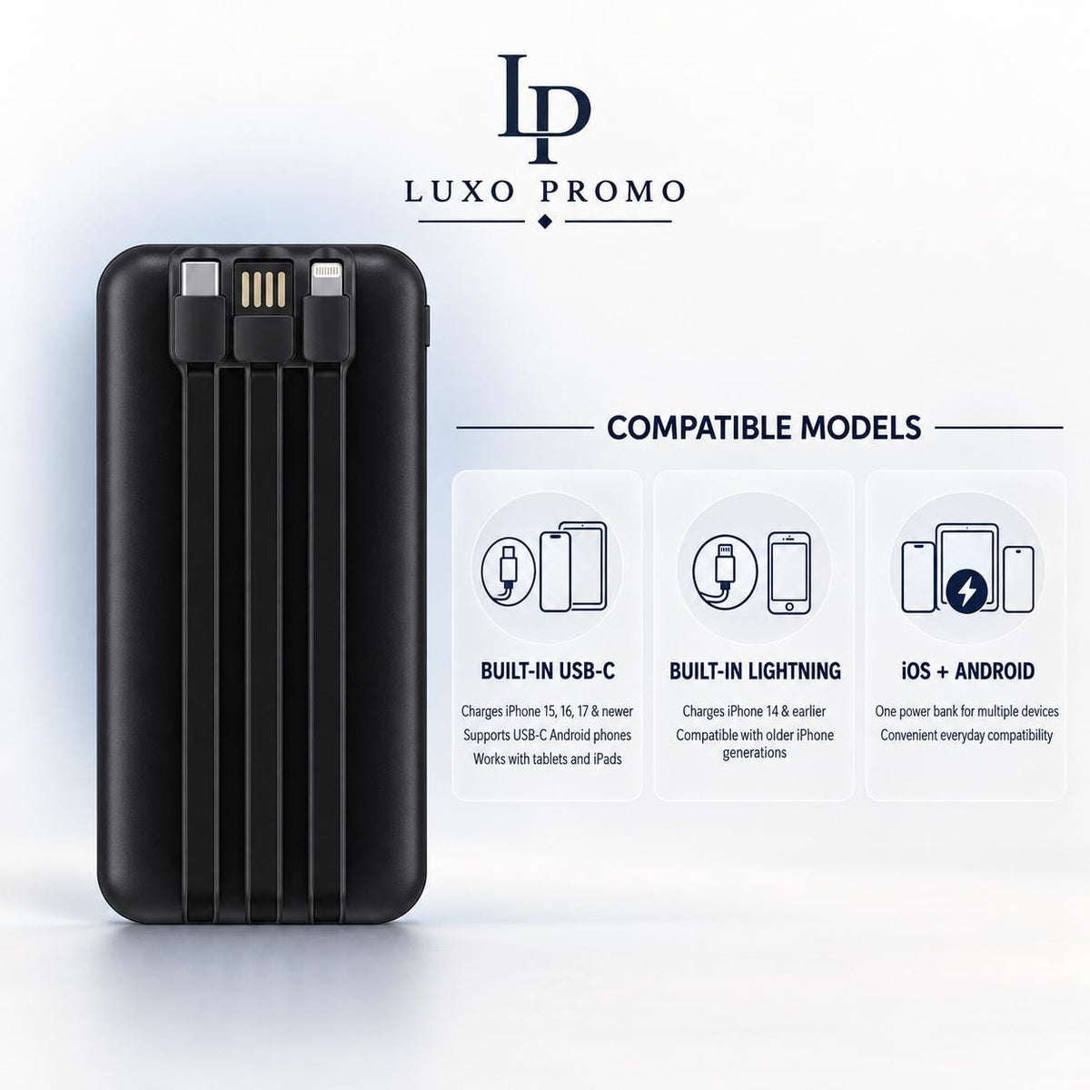 Personalized Light-Up Power Bank with Built-In Cables, Custom Logo Charger, Corporate Gift, Branded 10000mAh Charger