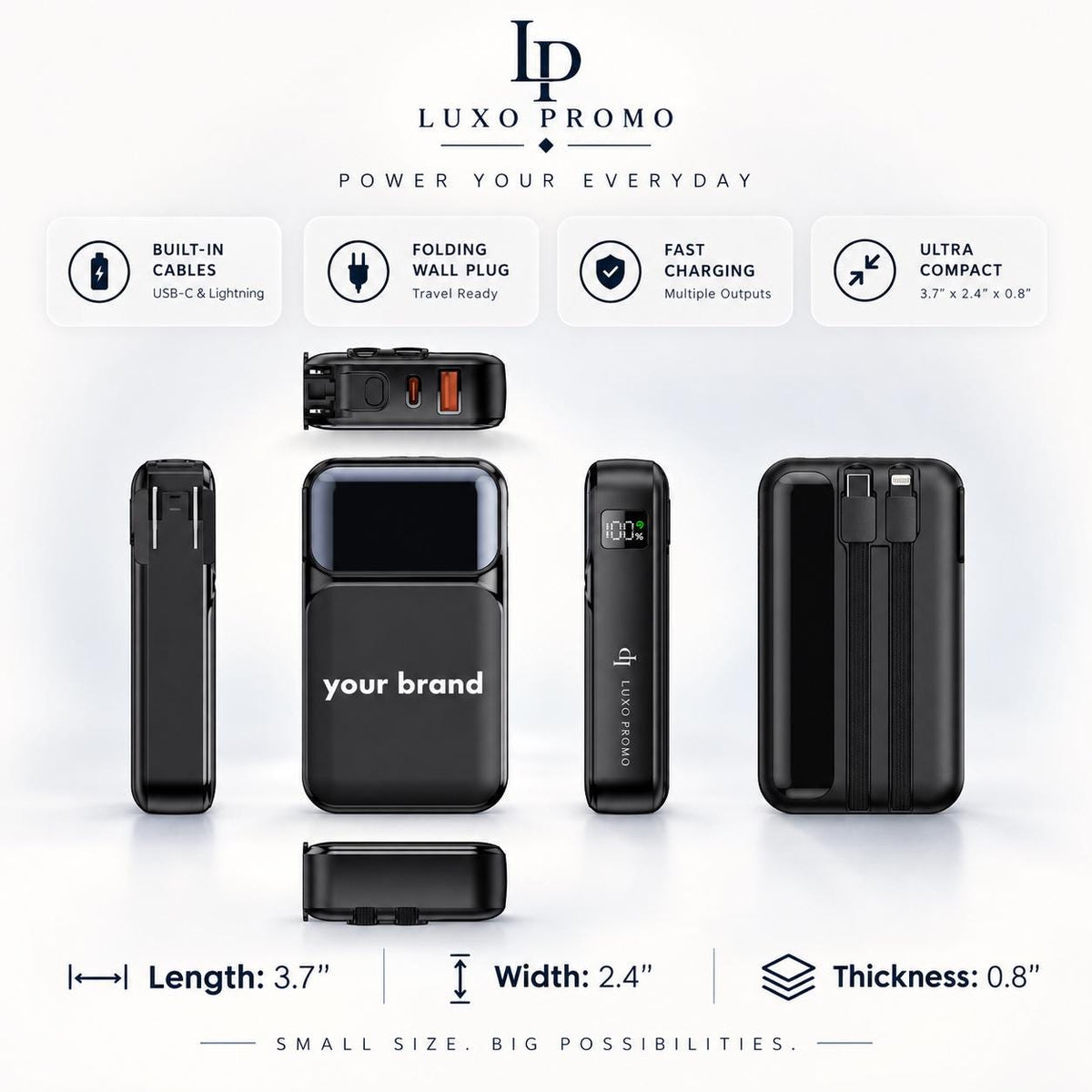 Personalized Wall Plug Power Bank with Built-In Cables, Custom Logo Charger, Corporate Gift, Branded 10000mAh Fast Charger