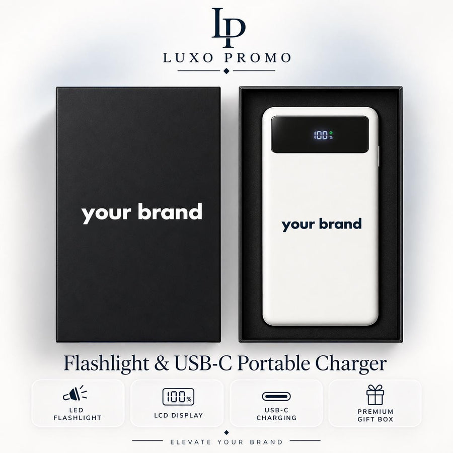 Personalized Flashlight Power Bank, Custom Logo Portable Charger, Corporate Gift, Branded 10000mAh USB-C Fast Charger