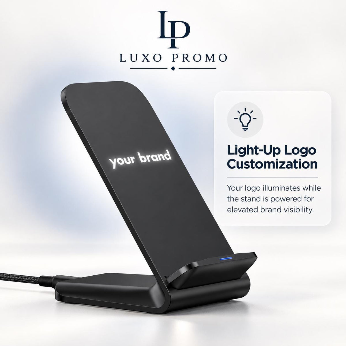 Personalized Light Up Wireless Charger Stand, Custom Logo Phone Dock, Corporate Gift, Branded 10W Qi Charging Station