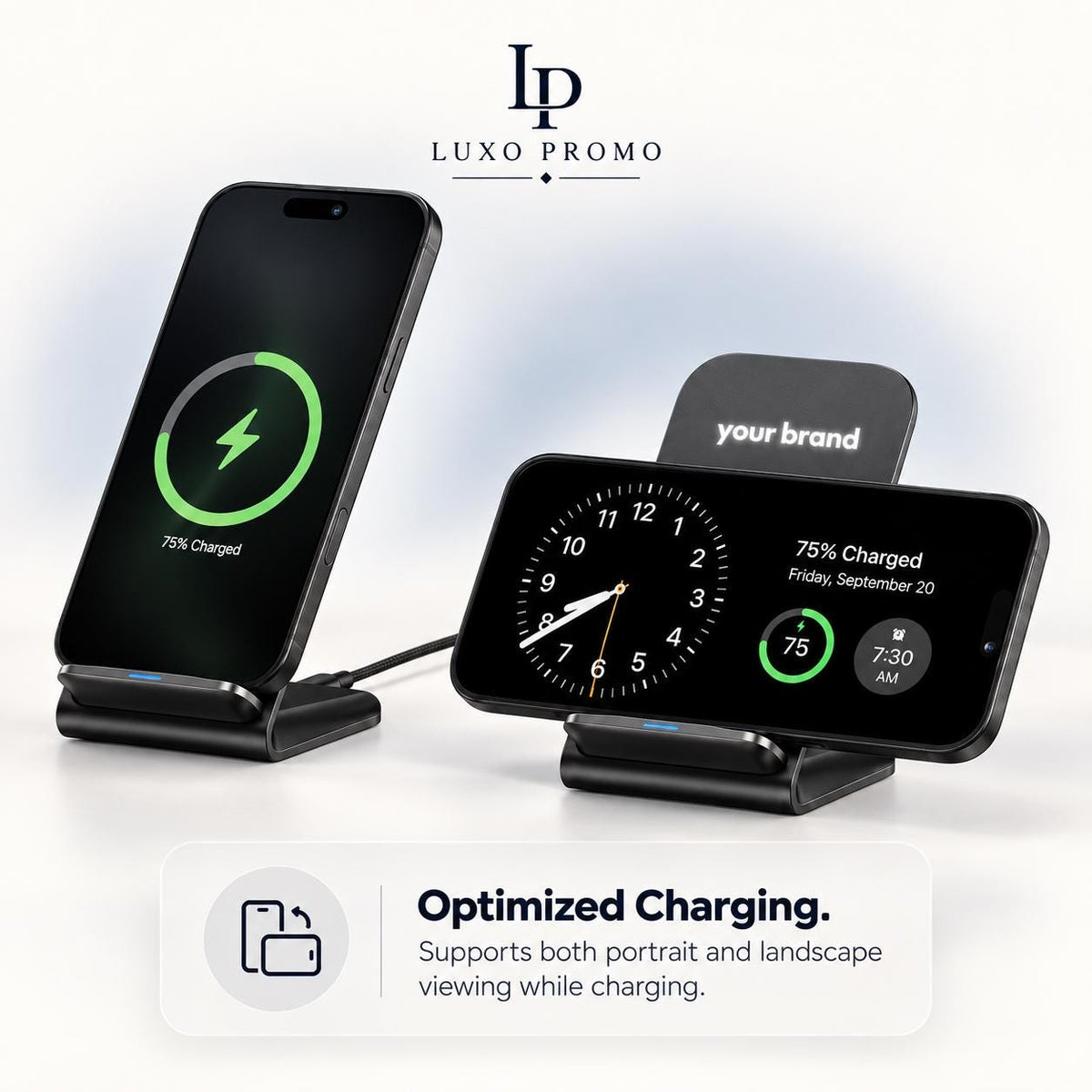 Personalized Light Up Wireless Charger Stand, Custom Logo Phone Dock, Corporate Gift, Branded 10W Qi Charging Station