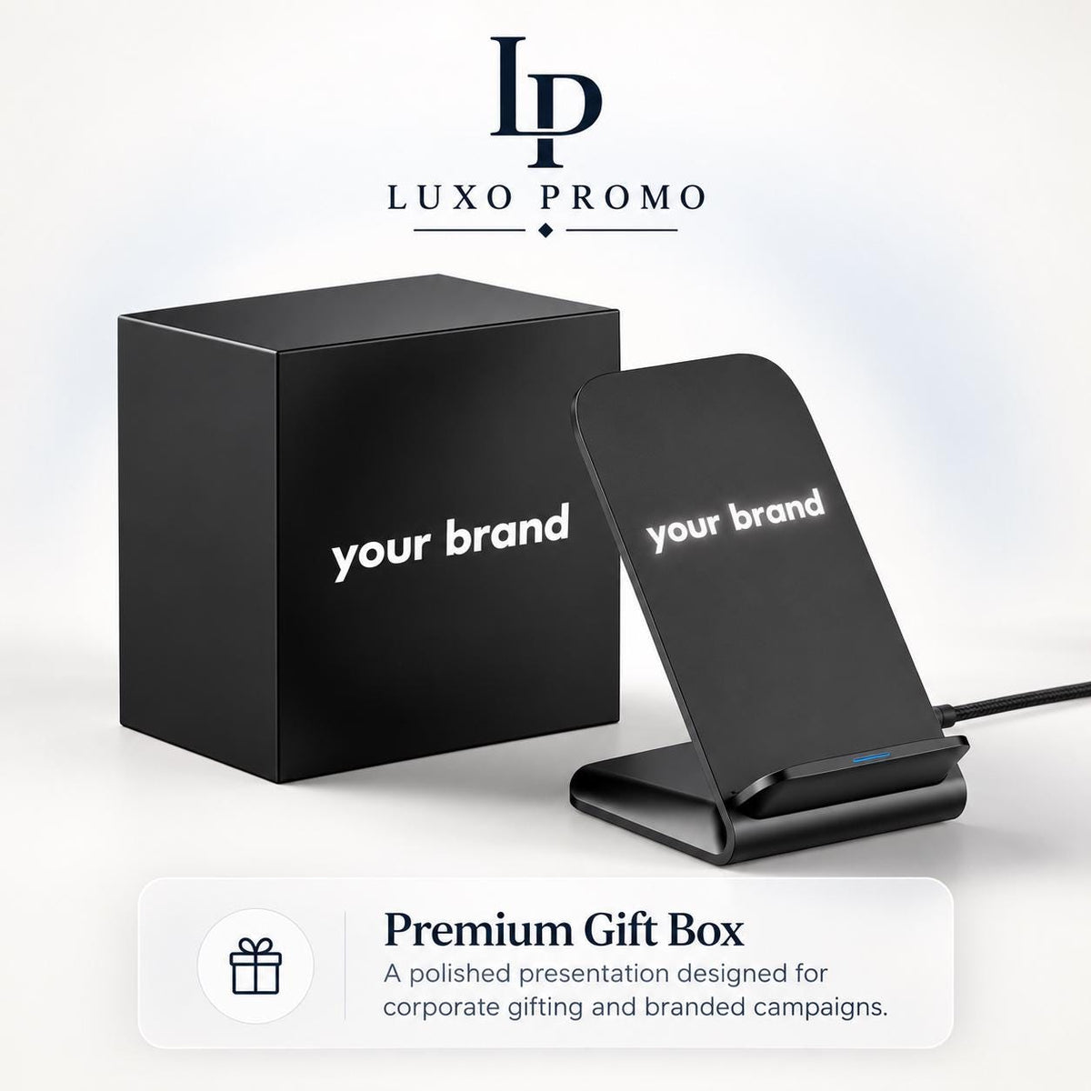 Personalized Light Up Wireless Charger Stand, Custom Logo Phone Dock, Corporate Gift, Branded 10W Qi Charging Station