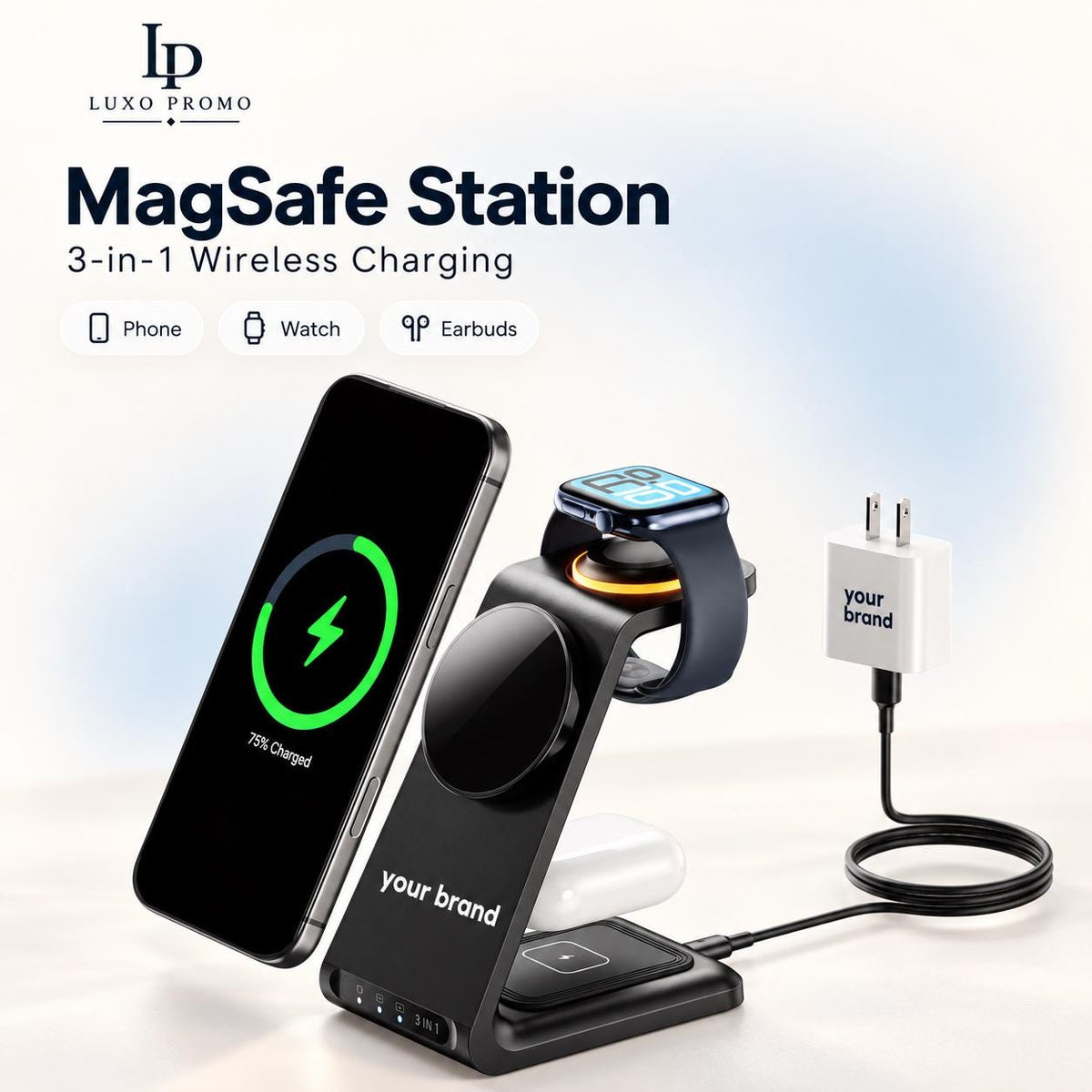 Personalized 3-in-1 MagSafe Charging Station, Custom Logo Phone Watch AirPods Charger, Branded Corporate Tech Gift