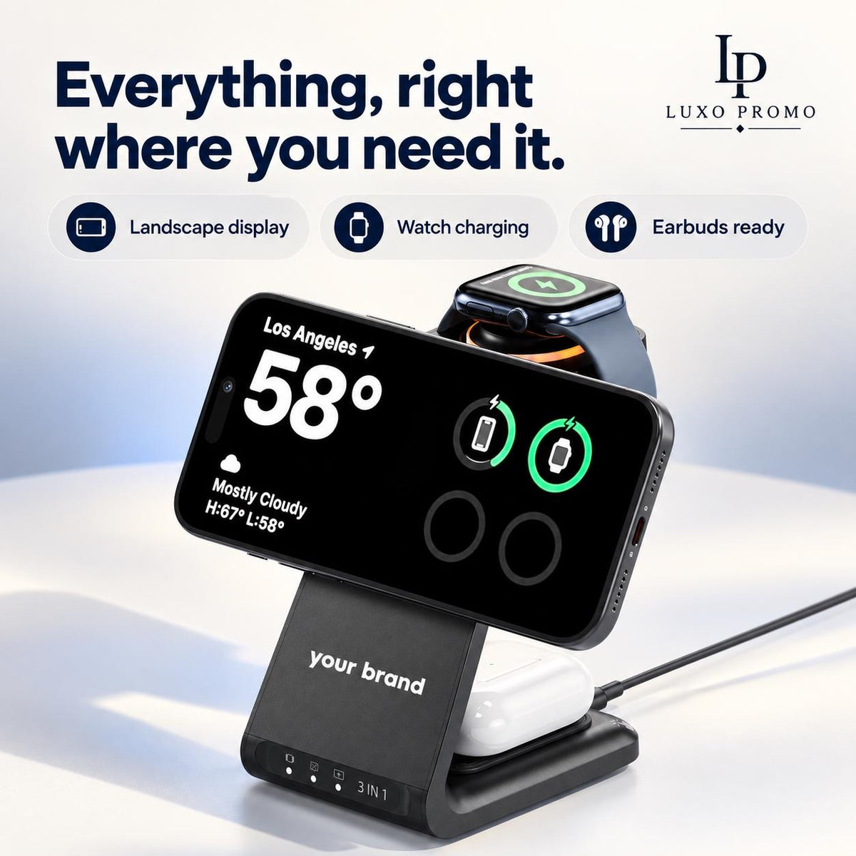 Personalized 3-in-1 MagSafe Charging Station, Custom Logo Phone Watch AirPods Charger, Branded Corporate Tech Gift