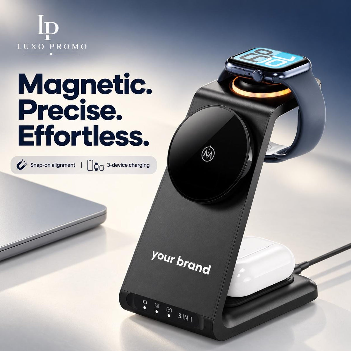 Personalized 3-in-1 MagSafe Charging Station, Custom Logo Phone Watch AirPods Charger, Branded Corporate Tech Gift