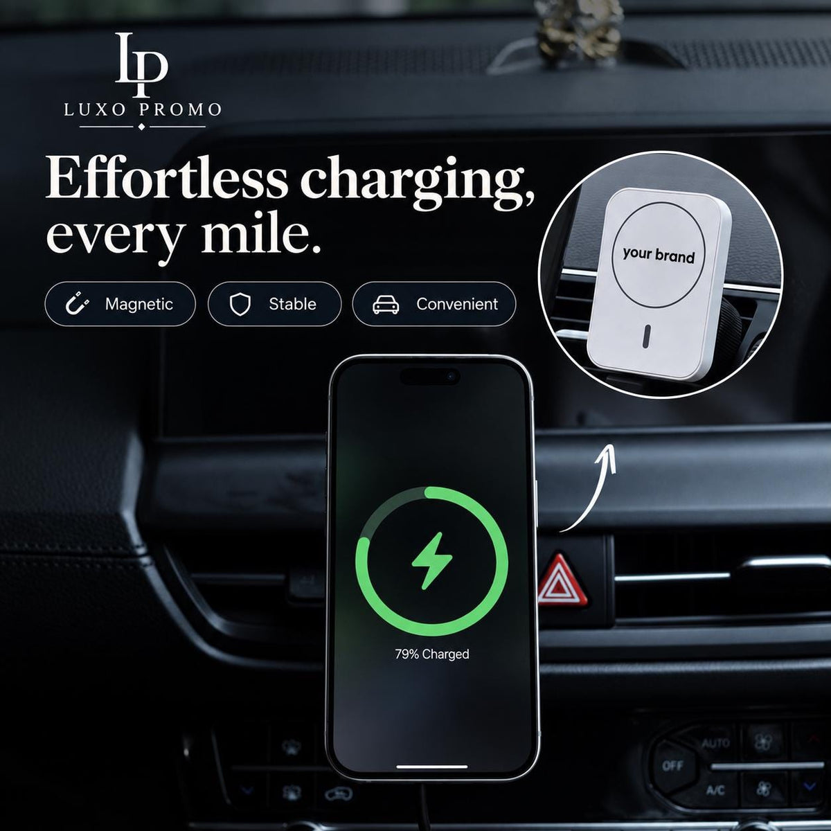 Personalized 15W MagSafe Car Charger, Custom Logo Magnetic Vent Phone Mount, Branded Corporate Gift