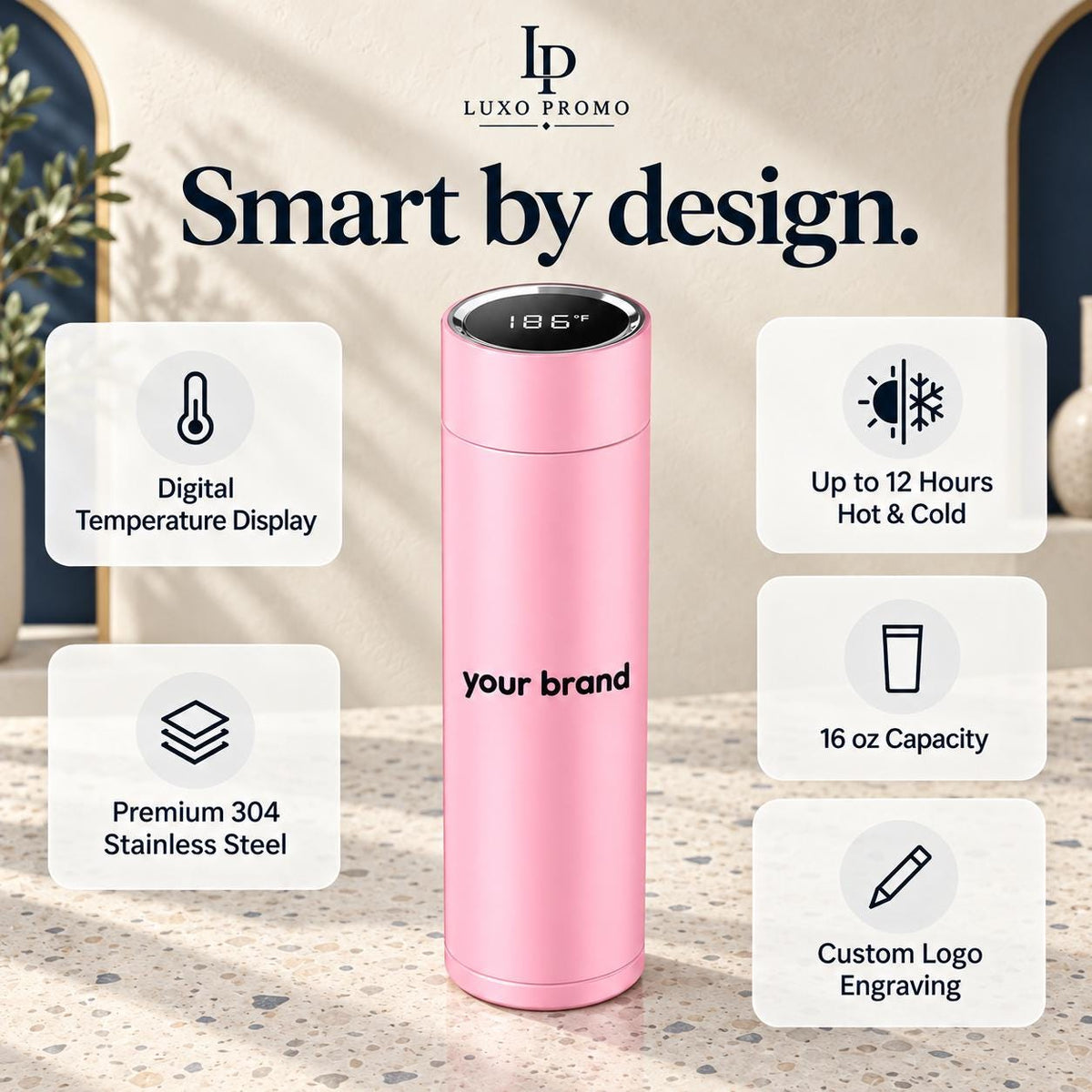 Personalized Smart Thermos, Custom Logo 16oz Temperature Display Bottle, Engraved Corporate Employee Client Gift