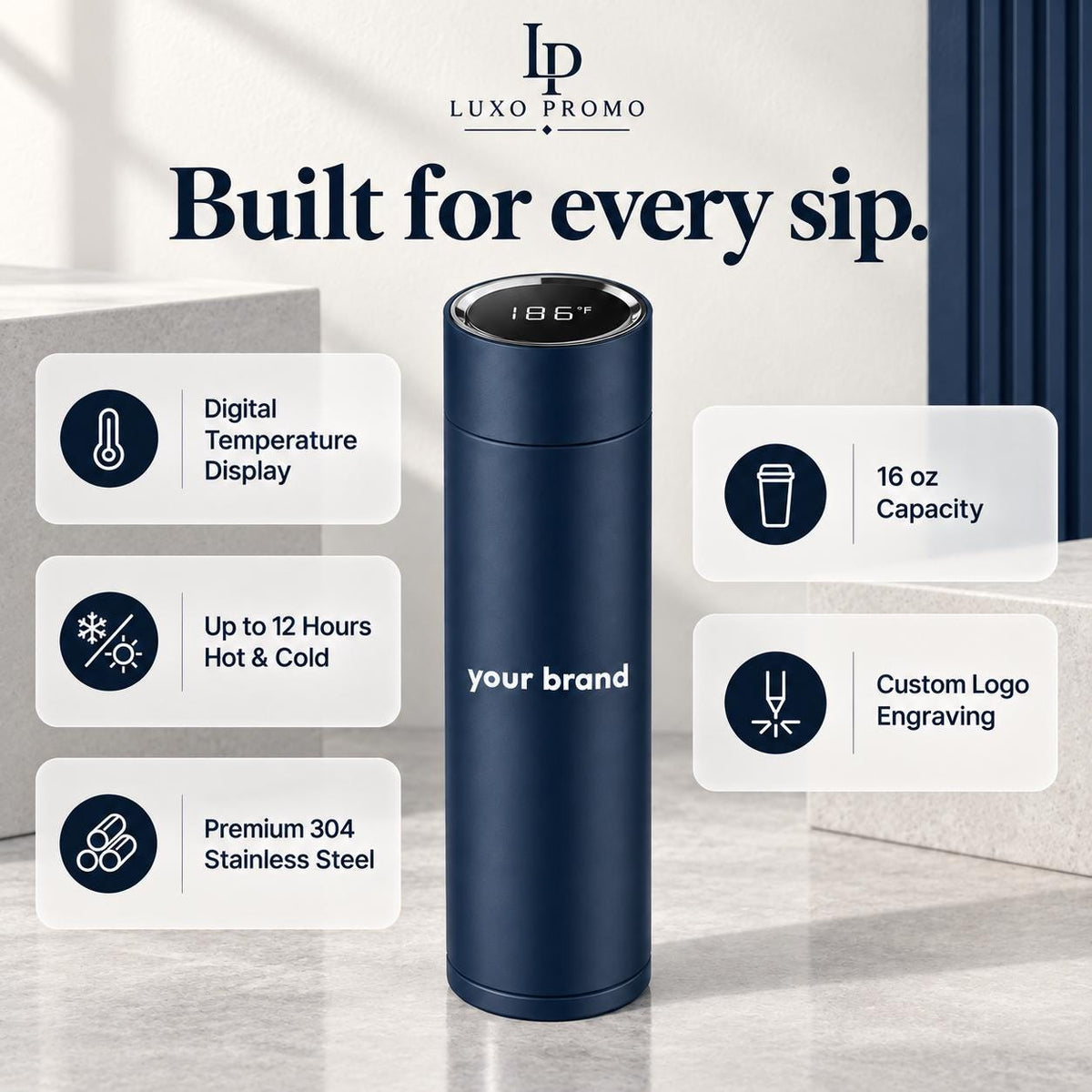 Personalized Smart Thermos, Custom Logo 16oz Temperature Display Bottle, Engraved Corporate Employee Client Gift