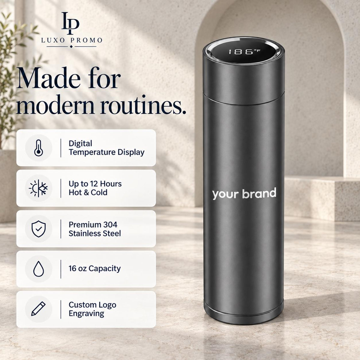 Personalized Smart Thermos, Custom Logo 16oz Temperature Display Bottle, Engraved Corporate Employee Client Gift