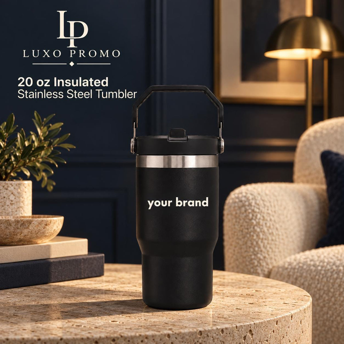Personalized 20oz Tumbler with Handle, Custom Logo Insulated Travel Cup, Corporate Employee Client Gift