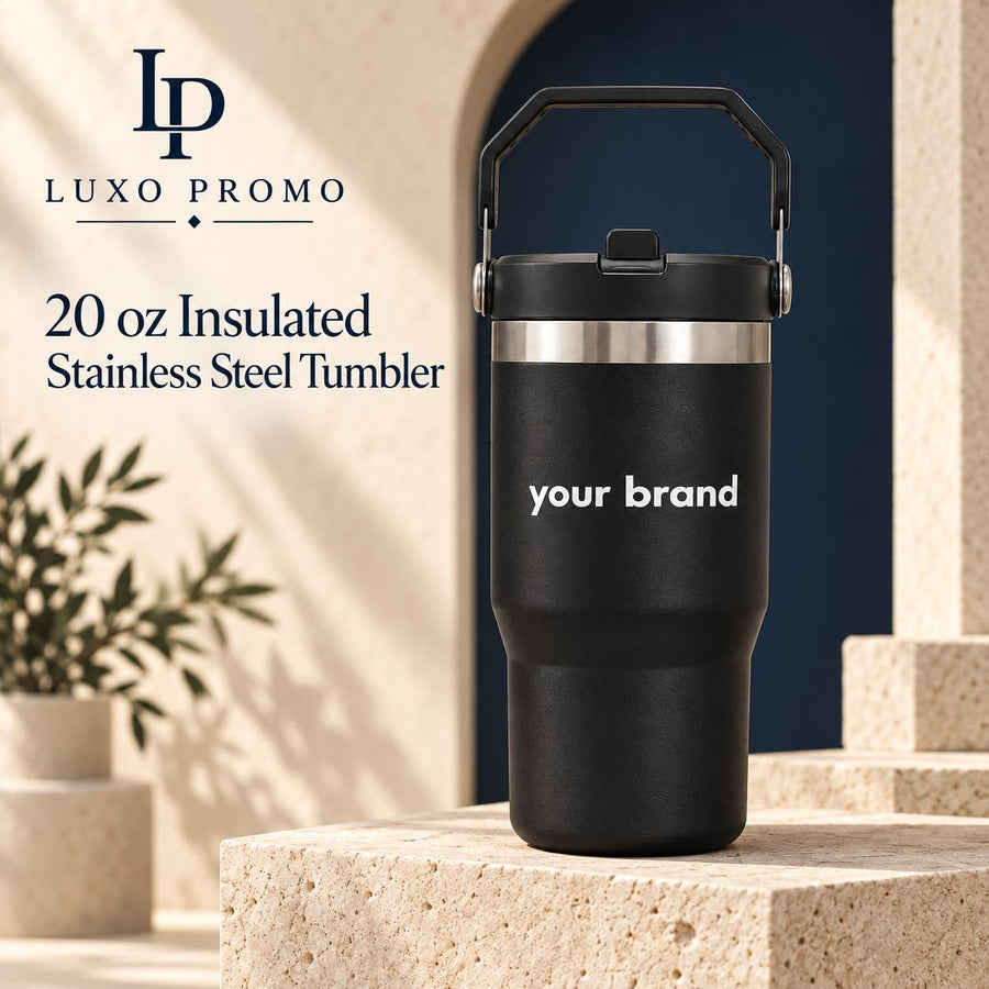 Personalized 20oz Tumbler with Handle, Custom Logo Insulated Travel Cup, Corporate Employee Client Gift