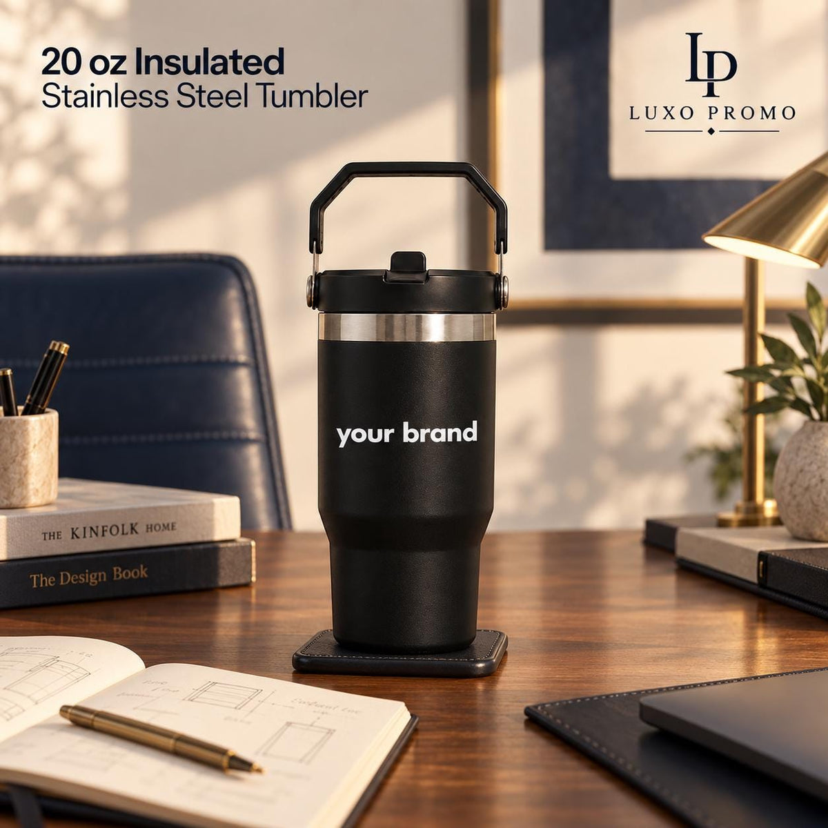 Personalized 20oz Tumbler with Handle, Custom Logo Insulated Travel Cup, Corporate Employee Client Gift
