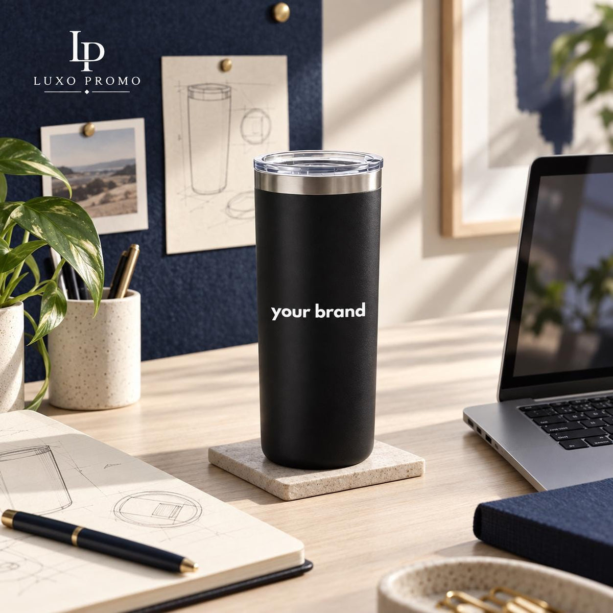 Personalized 16oz Slim Tumbler, Custom Logo Stainless Steel Travel Cup, Corporate Employee Client Gift