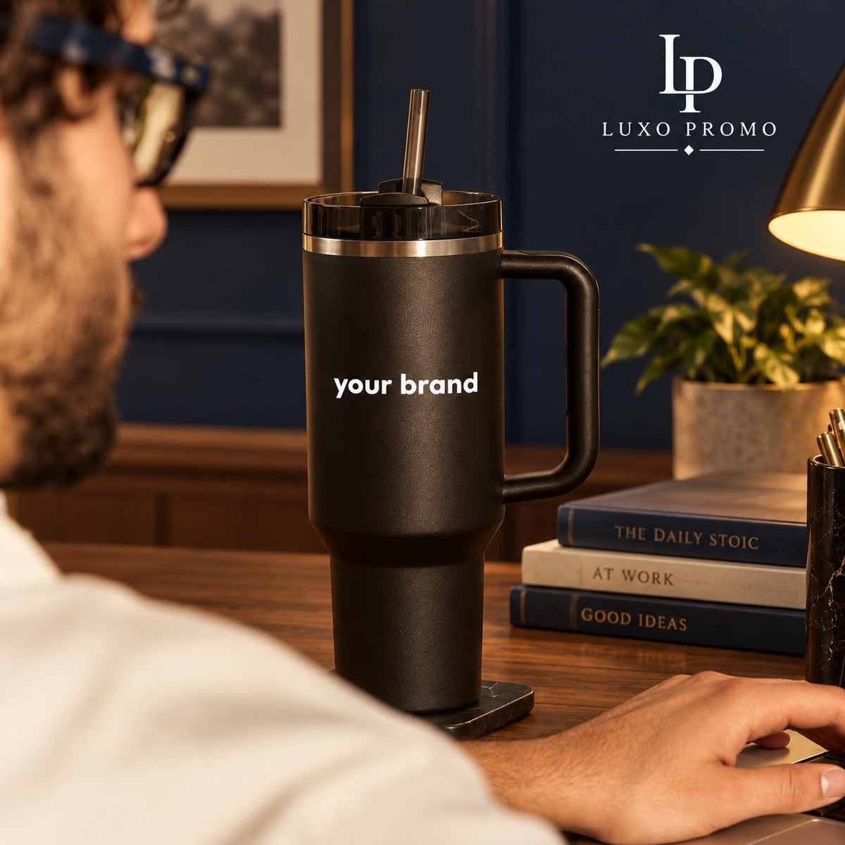 Personalized 30oz Tumbler with Handle, Custom Logo Insulated Travel Cup, Corporate Employee Client Gift