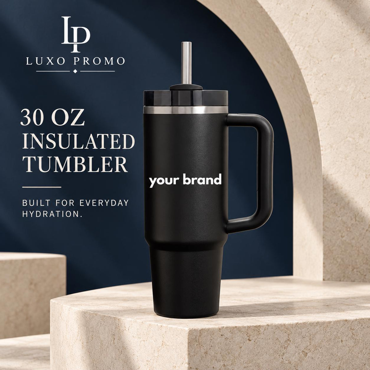 Personalized 30oz Tumbler with Handle, Custom Logo Insulated Travel Cup, Corporate Employee Client Gift