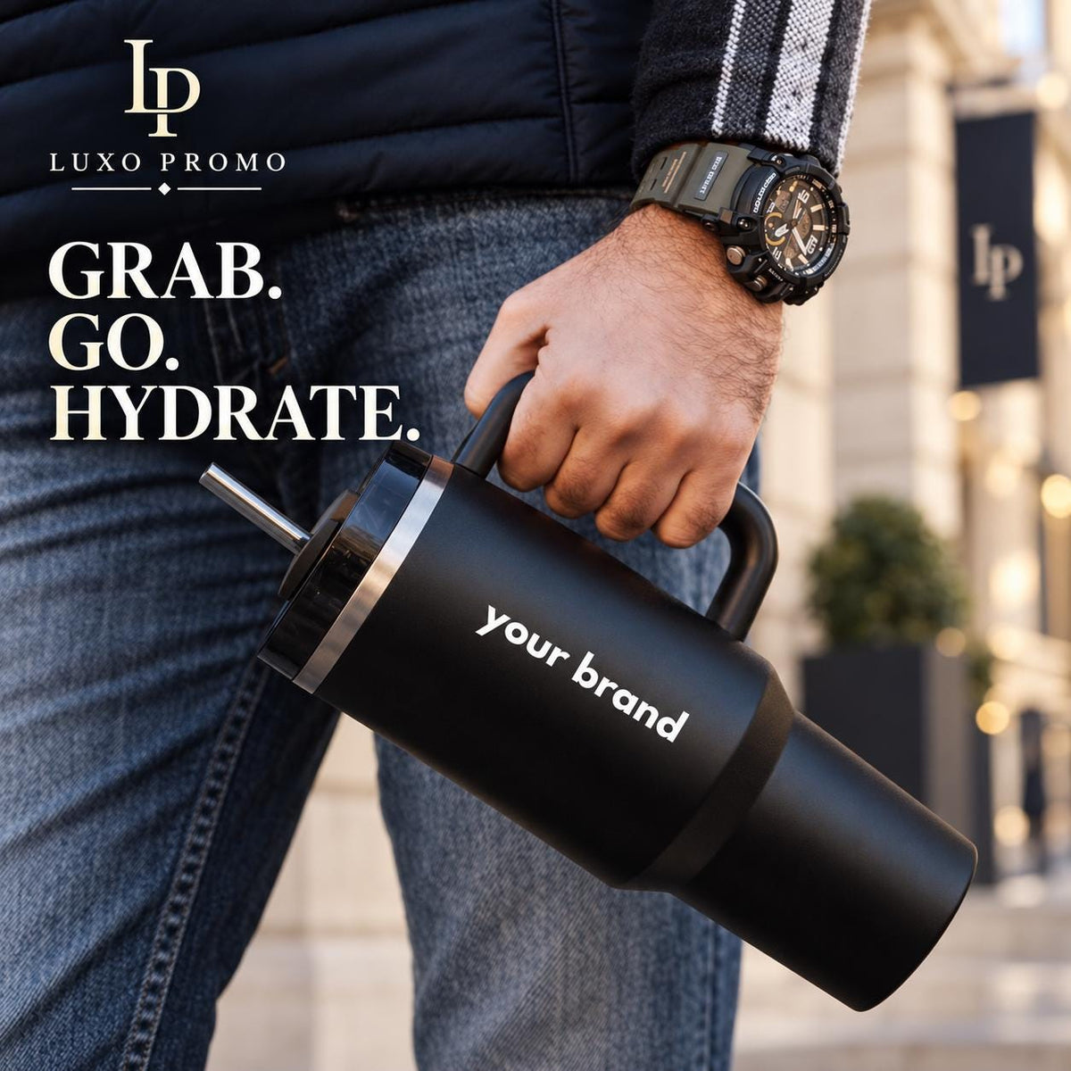Personalized 30oz Tumbler with Handle, Custom Logo Insulated Travel Cup, Corporate Employee Client Gift