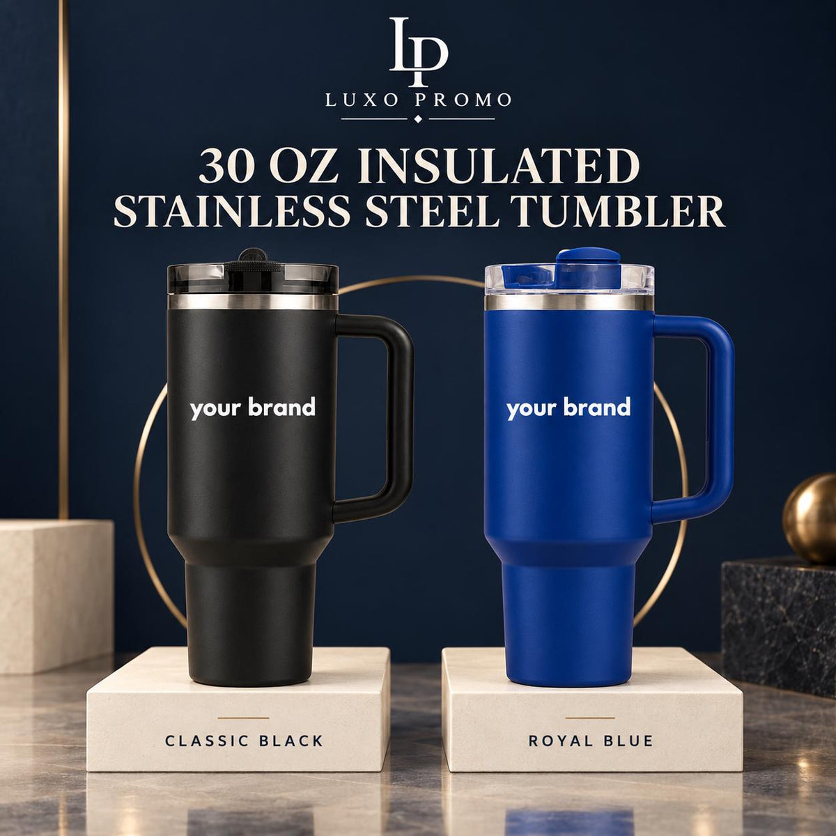 Personalized 30oz Tumbler with Handle, Custom Logo Insulated Travel Cup, Corporate Employee Client Gift
