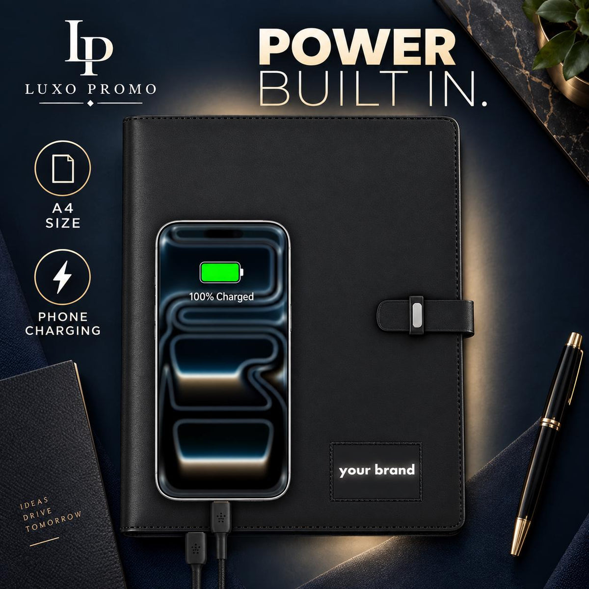 Personalized A4 Tech Portfolio, Custom Light-Up Logo Notebook Charger, Refillable Executive Padfolio Corporate Gift