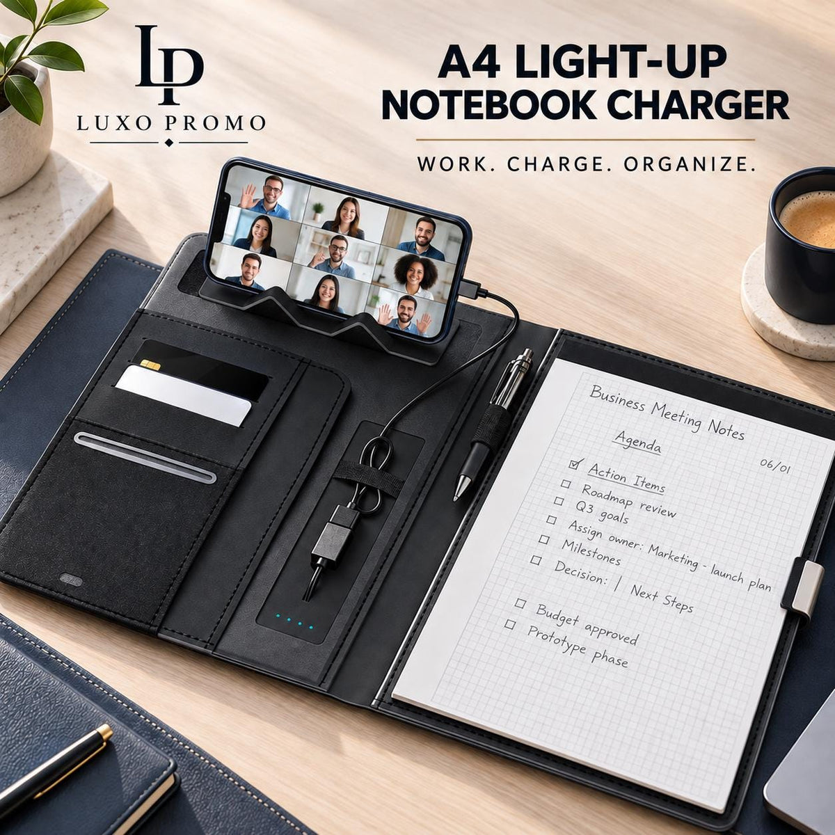 Personalized A4 Tech Portfolio, Custom Light-Up Logo Notebook Charger, Refillable Executive Padfolio Corporate Gift