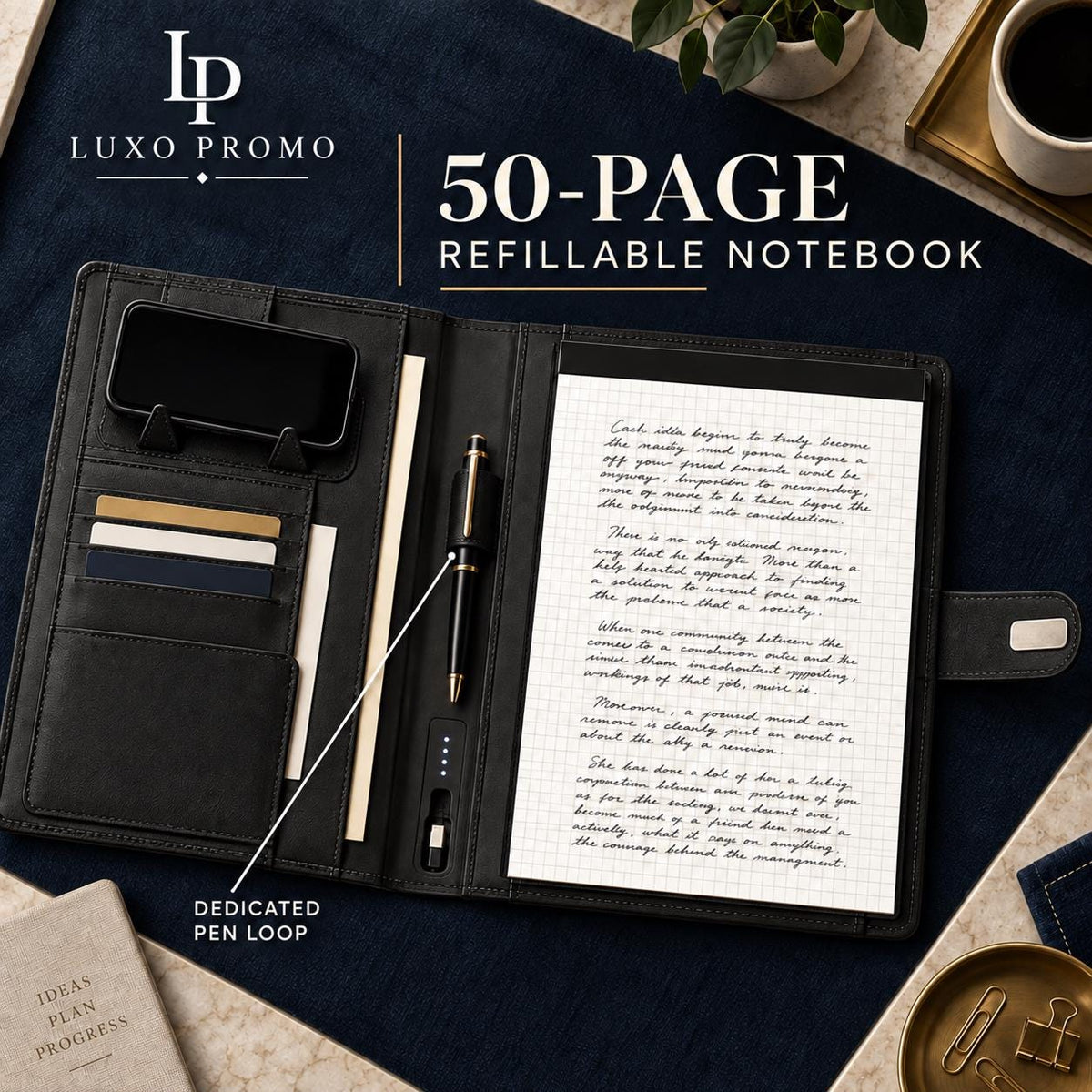 Personalized A4 Tech Portfolio, Custom Light-Up Logo Notebook Charger, Refillable Executive Padfolio Corporate Gift