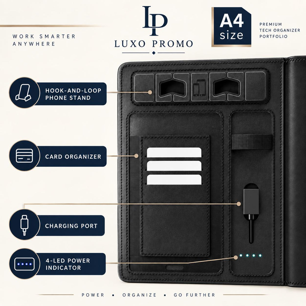 Personalized A4 Tech Portfolio, Custom Light-Up Logo Notebook Charger, Refillable Executive Padfolio Corporate Gift