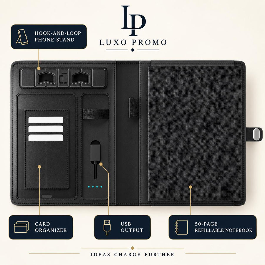 Personalized A5 Charging Portfolio, Custom Light-Up Logo 5000mAh Notebook, Refillable Executive Padfolio Corporate Gift