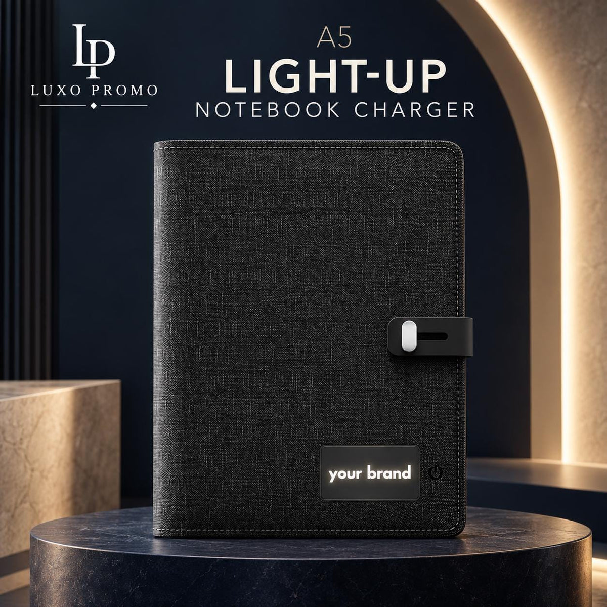 Personalized A5 Charging Portfolio, Custom Light-Up Logo 5000mAh Notebook, Refillable Executive Padfolio Corporate Gift