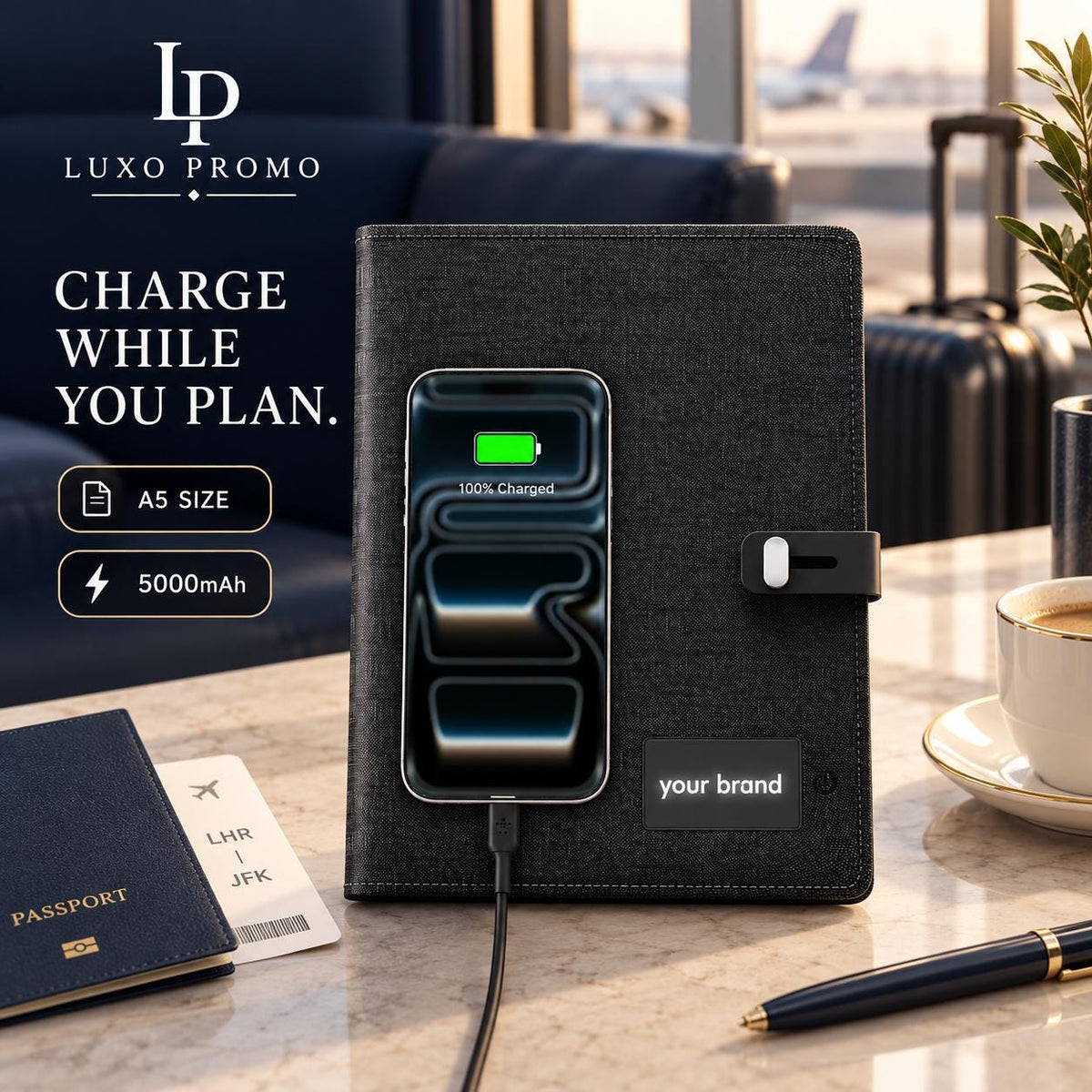 Personalized A5 Charging Portfolio, Custom Light-Up Logo 5000mAh Notebook, Refillable Executive Padfolio Corporate Gift