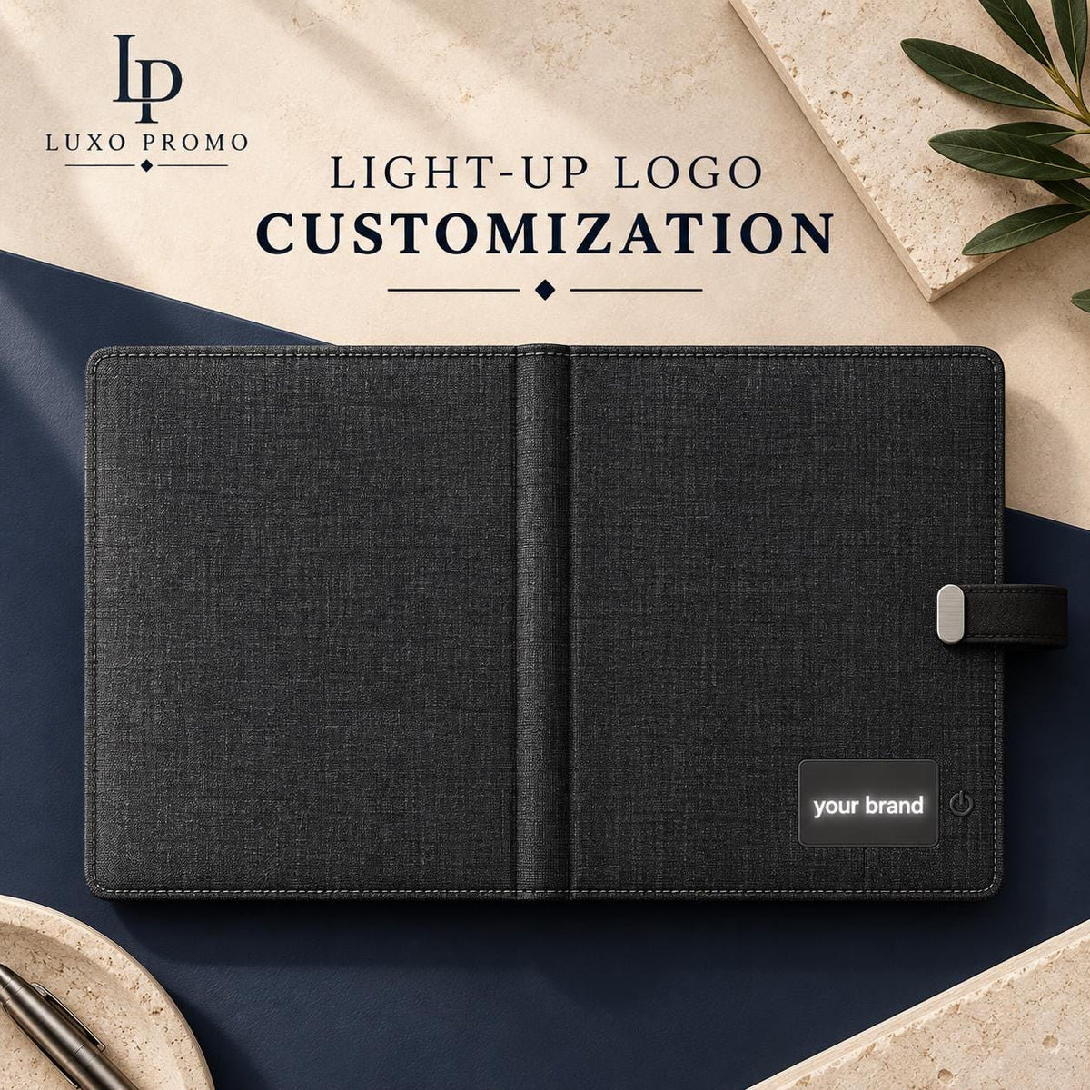 Personalized A5 Charging Portfolio, Custom Light-Up Logo 5000mAh Notebook, Refillable Executive Padfolio Corporate Gift
