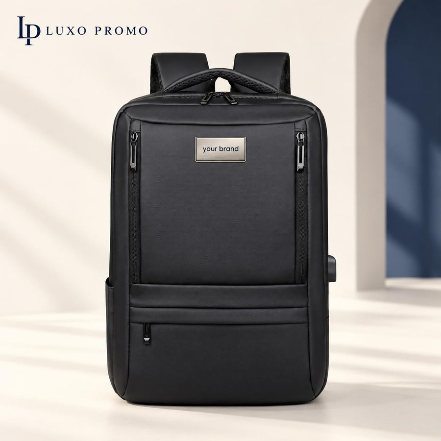 Personalized Oxford Laptop Backpack, Custom Logo USB Business Bag, Branded Corporate Employee Gift, Black or Navy Travel Backpack