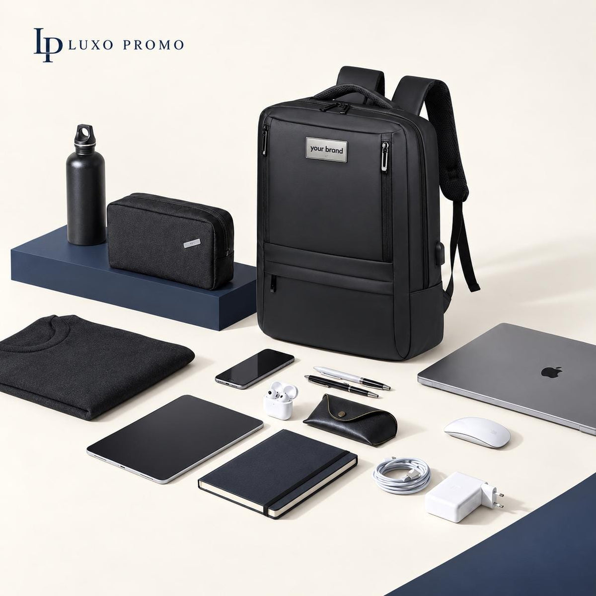 Personalized Oxford Laptop Backpack, Custom Logo USB Business Bag, Branded Corporate Employee Gift, Black or Navy Travel Backpack