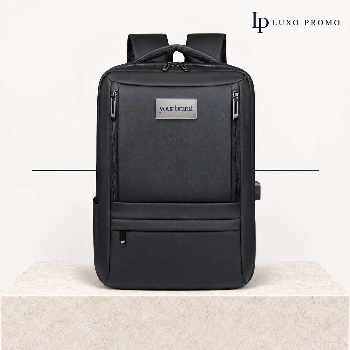 Personalized Oxford Laptop Backpack, Custom Logo USB Business Bag, Branded Corporate Employee Gift, Black or Navy Travel Backpack