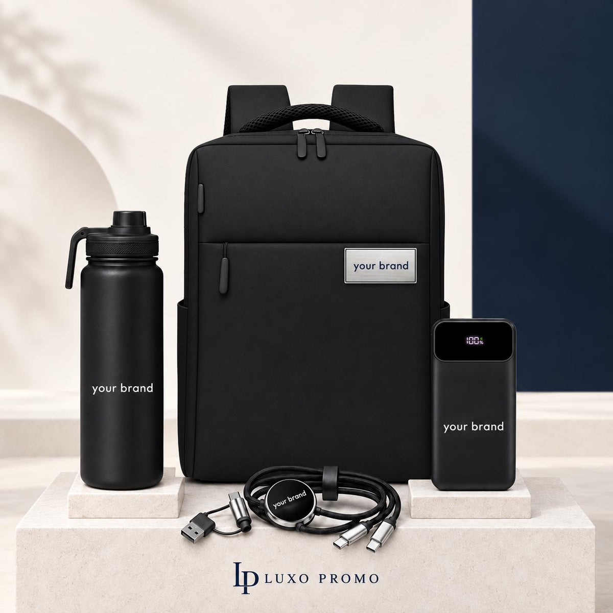 Personalized Backpack Gift Set, Custom Logo 24oz Water Bottle and Power Bank, Branded Employee Welcome Kit, Staff Appreciation Gift
