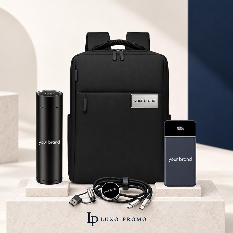 Personalized Backpack Gift Set, Custom Logo 24oz Bottle and Wall Plug Power Bank, Branded New Hire Kit, Corporate Employee Gift