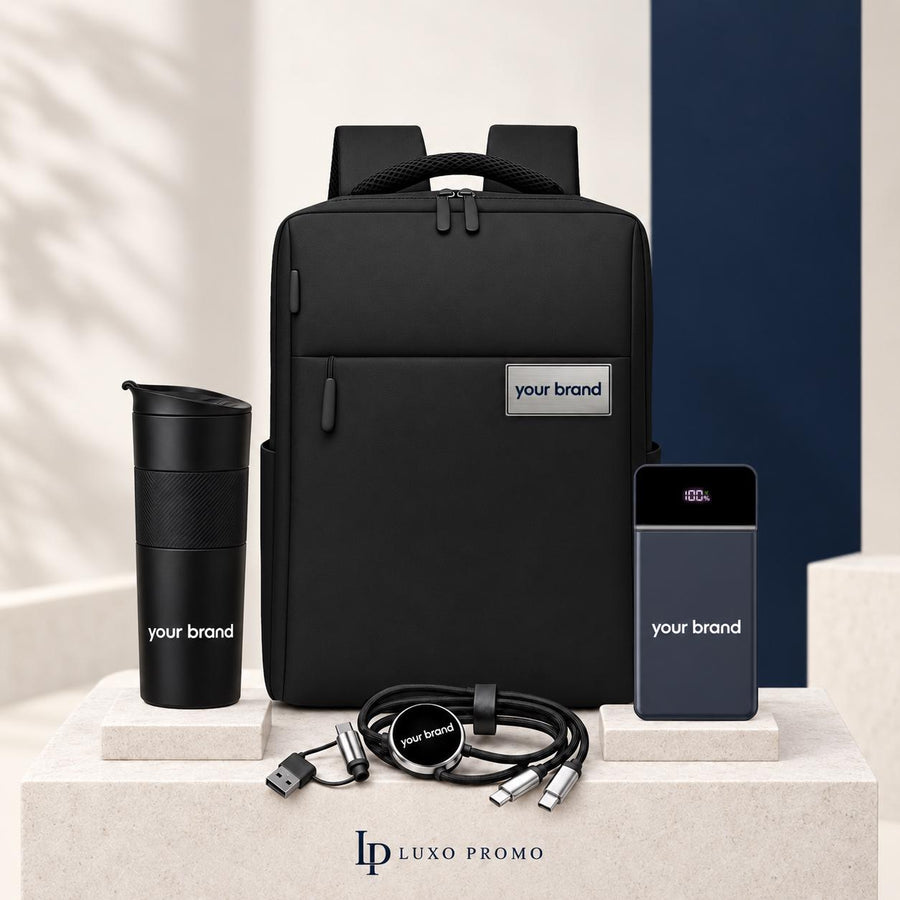 Personalized Backpack Gift Set, Custom Logo 18oz Tumbler and Light-Up Power Bank, Branded Employee Welcome Kit, Corporate Travel Gift