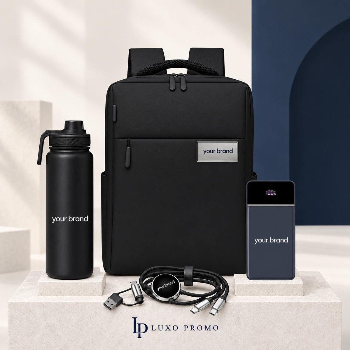 Personalized Backpack Gift Set, Custom Logo 24oz Bottle and Light-Up Power Bank, Branded Employee Welcome Kit, Corporate Travel Gift