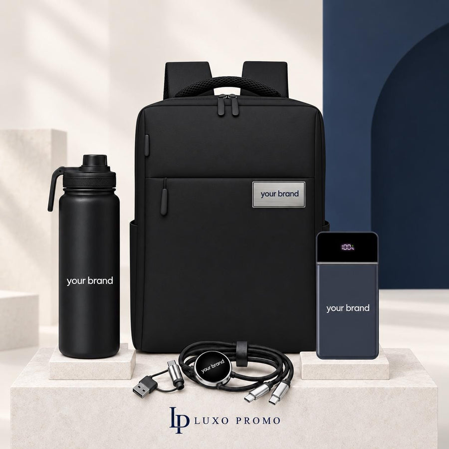 Personalized Backpack Gift Set, Custom Logo 24oz Bottle and Light-Up Power Bank, Branded Employee Welcome Kit, Corporate Travel Gift