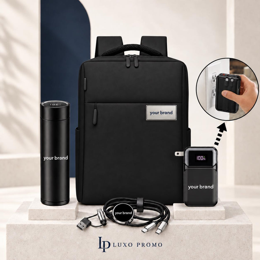 Personalized Backpack Gift Set, Custom Logo Smart Thermos and Wall Plug Power Bank, Branded Employee Welcome Kit, Corporate Travel Gift