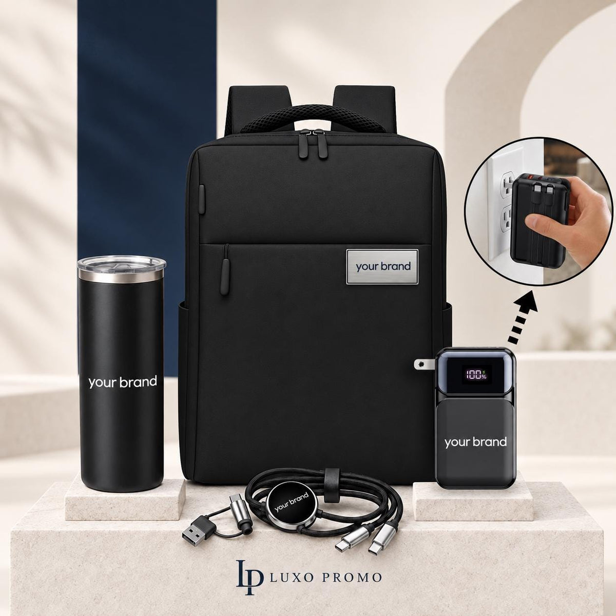 Personalized Backpack Gift Set, Custom Logo 16oz Tumbler and Wall Plug Power Bank, Branded Employee Welcome Kit, Corporate Travel Gift
