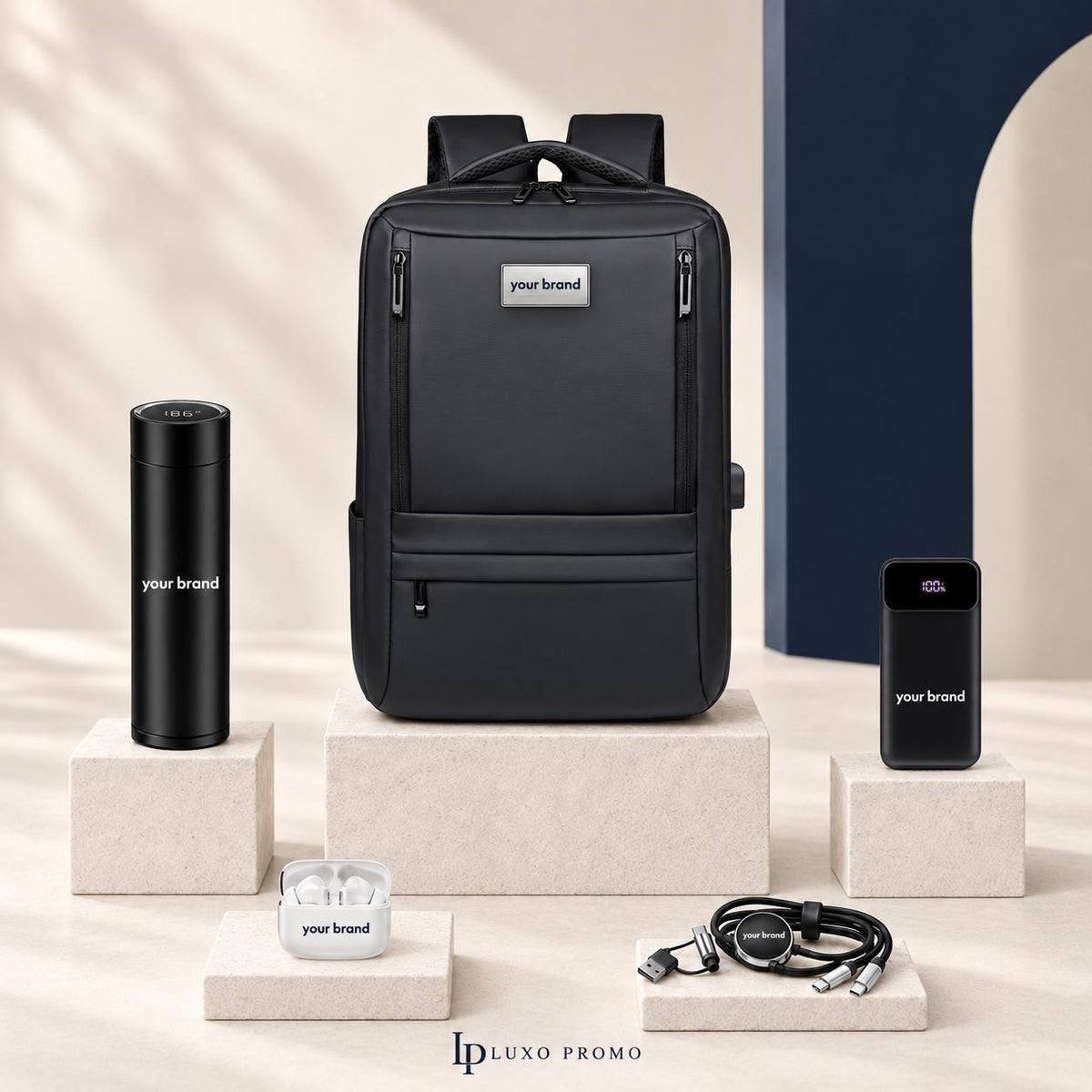 Personalized Premium Backpack Gift Set, Custom Logo Smart Thermos, Power Bank and ANC Earbuds, Branded Executive Employee Welcome Kit