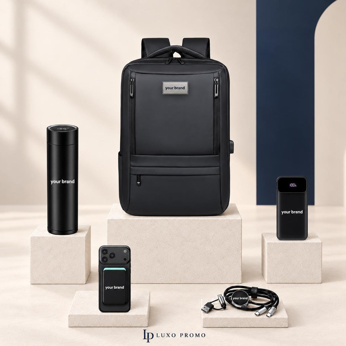 Personalized Backpack Gift Set, Custom Logo Smart Thermos, Power Bank, MagSafe Wallet and Charging Cable, Branded Employee Welcome Kit