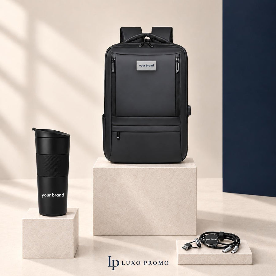 Personalized Premium Oxford Backpack Gift Set, Custom Logo 18oz Insulated Tumbler and Light Up Cable, Branded Employee Welcome Kit
