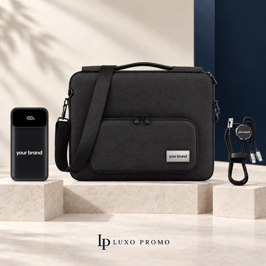 Personalized 16 Inch Laptop Bag Gift Set, Custom Logo Built In Power Bank and Light Up Cable, Corporate Employee Welcome Kit