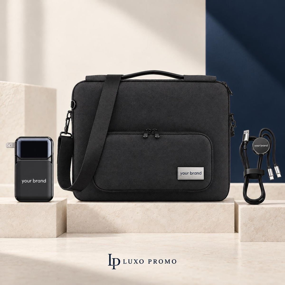 Personalized 16 Inch Laptop Bag Gift Set, Custom Logo 20W Wall Plug Power Bank and Light Up Cable, Corporate Employee Welcome Kit