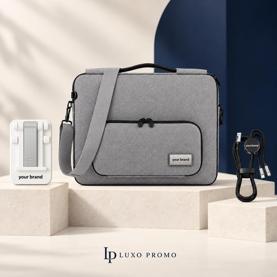 Personalized Gray 16 Inch Laptop Bag Gift Set, Custom Logo Adjustable Phone Stand and Light Up Cable, Corporate Staff Appreciation Kit