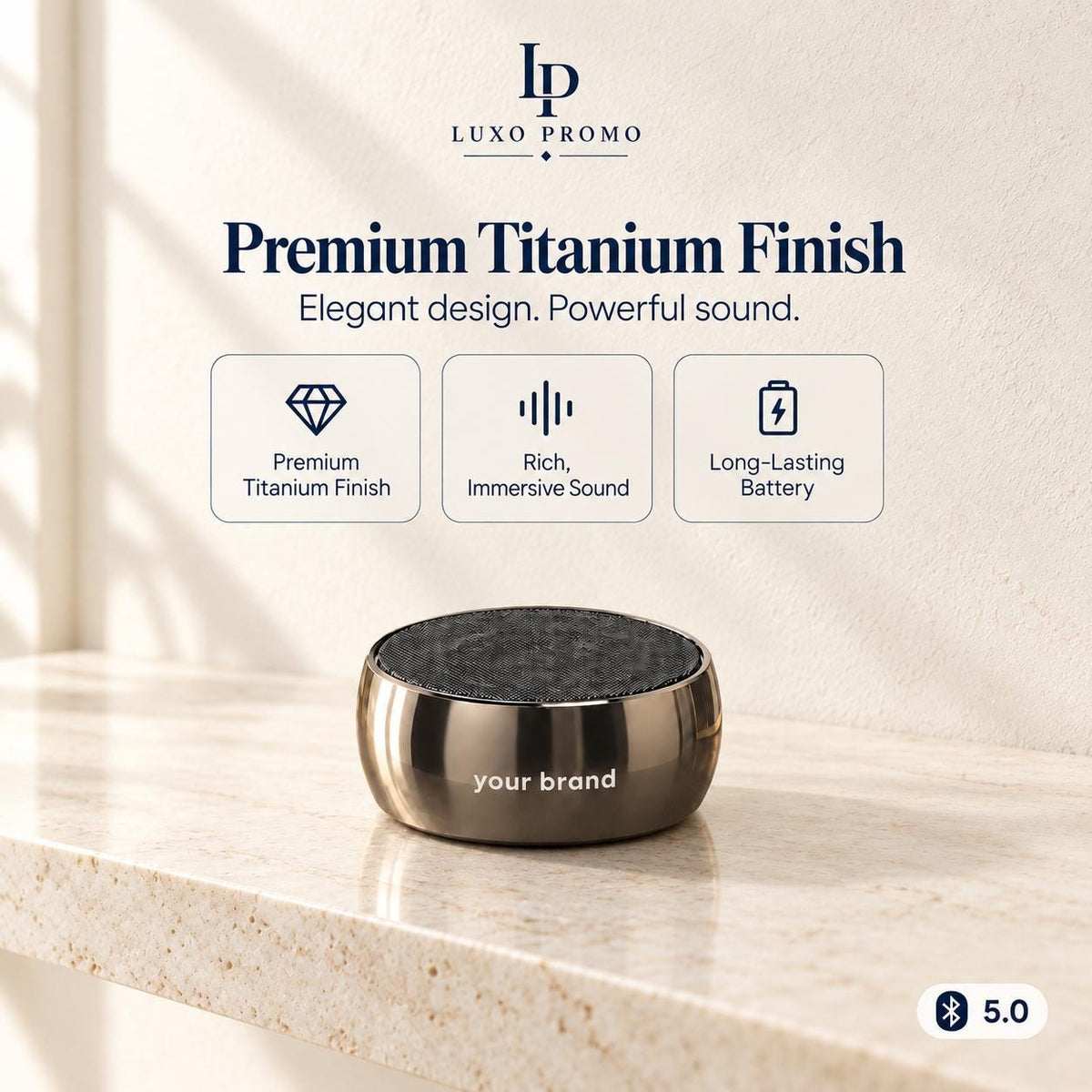 Personalized Titanium Bluetooth Speaker, Custom Laser Engraved Logo, Branded Corporate Gift for Employees and Clients