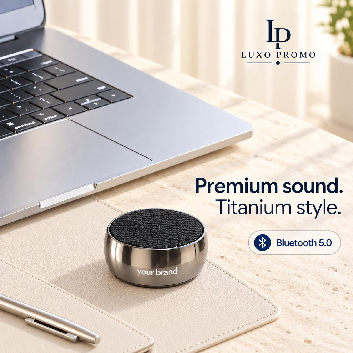 Personalized Titanium Bluetooth Speaker, Custom Laser Engraved Logo, Branded Corporate Gift for Employees and Clients